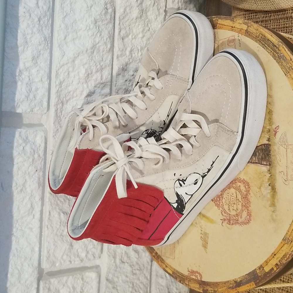Vans Beige Suede High-Top Sneakers with Red Fringe and Graphic